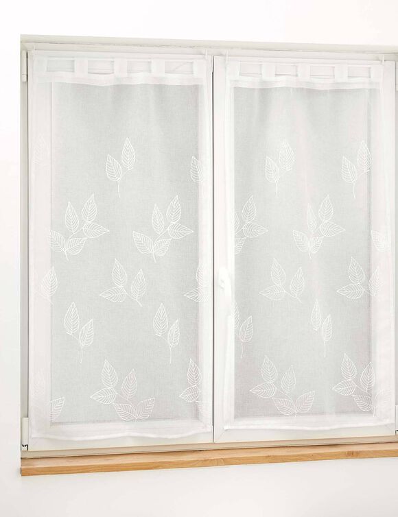 Vitrage voile brodé petites feuilles - la paire (blanc)