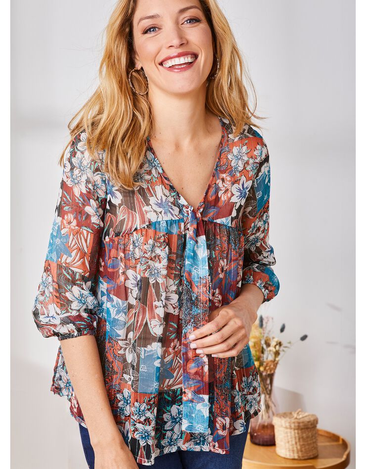 Blouse col lavallière, imprimé fleuri (chocolat / beige) Blouse col lavallière, imprimé fleuri (chocolat / beige)