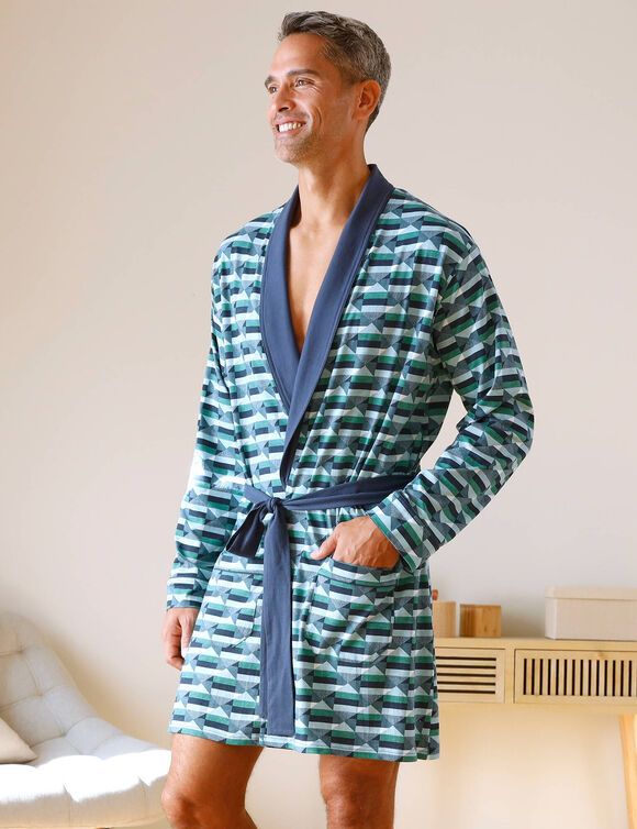 Robe de chambre courte imprimée col châle uni (bleu / vert)