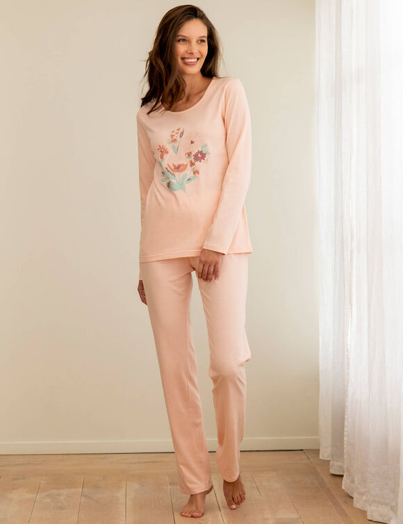 Pyjama en coton motif plac&eacute; fleurs manches longues  (rose p&acirc;le)