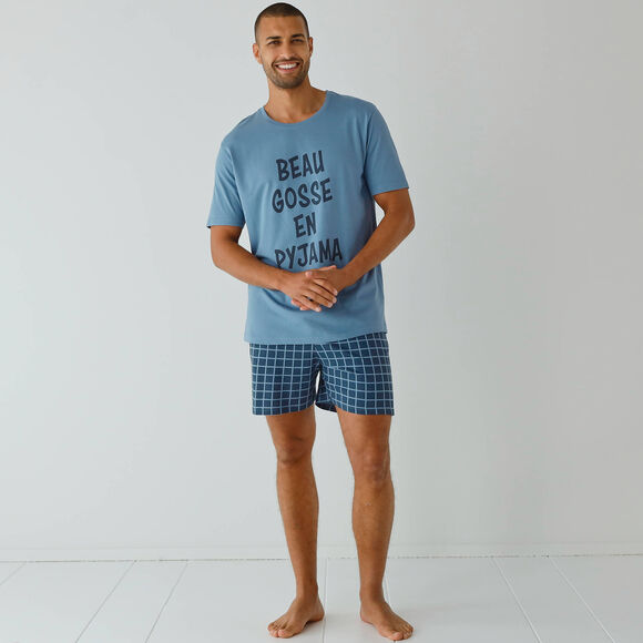Pyjama short imprim&eacute; message, manches courtes (bleu / marine)