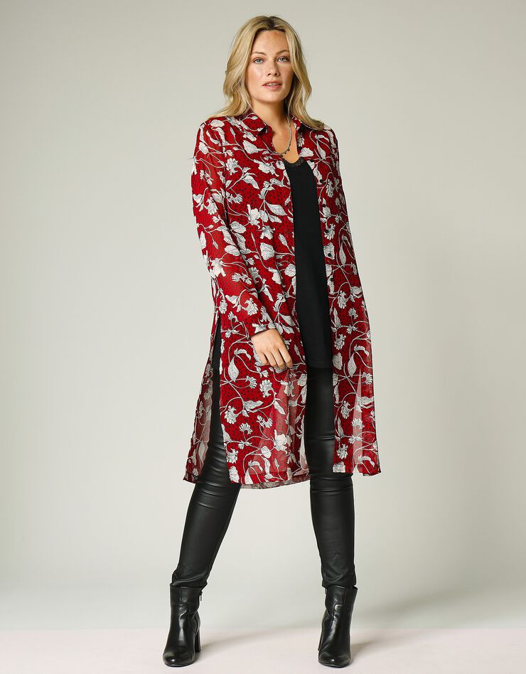 Longue surchemise ouverte en voile imprimé (bordeaux / beige) Longue surchemise ouverte en voile imprimé (bordeaux / beige)