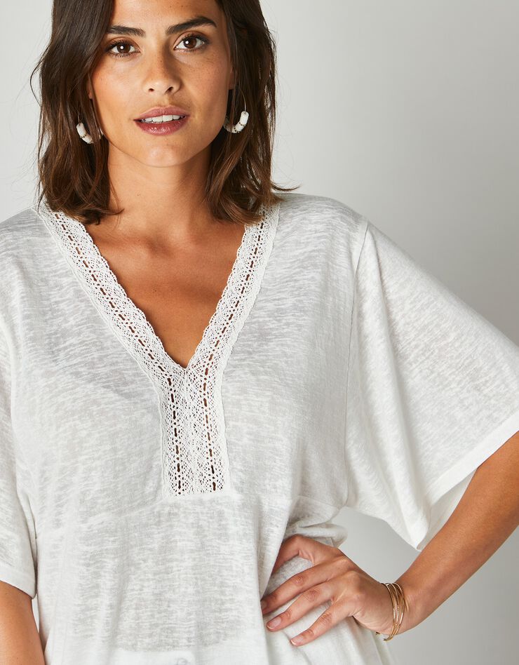 Tee-shirt col V macramé, effet lin (blanc) Tee-shirt col V macramé, effet lin (blanc)
