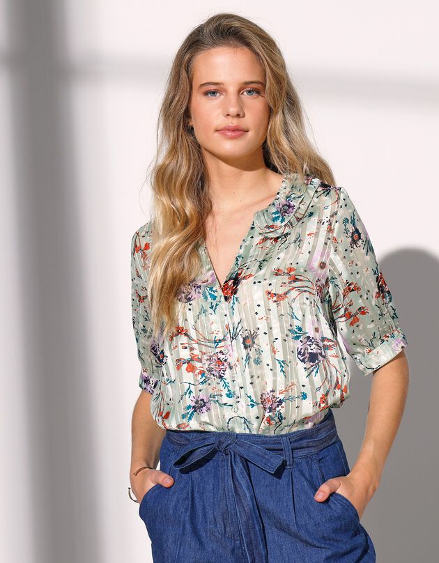 Blouse boutonnée imprimée, voile jacquard (vert amande)