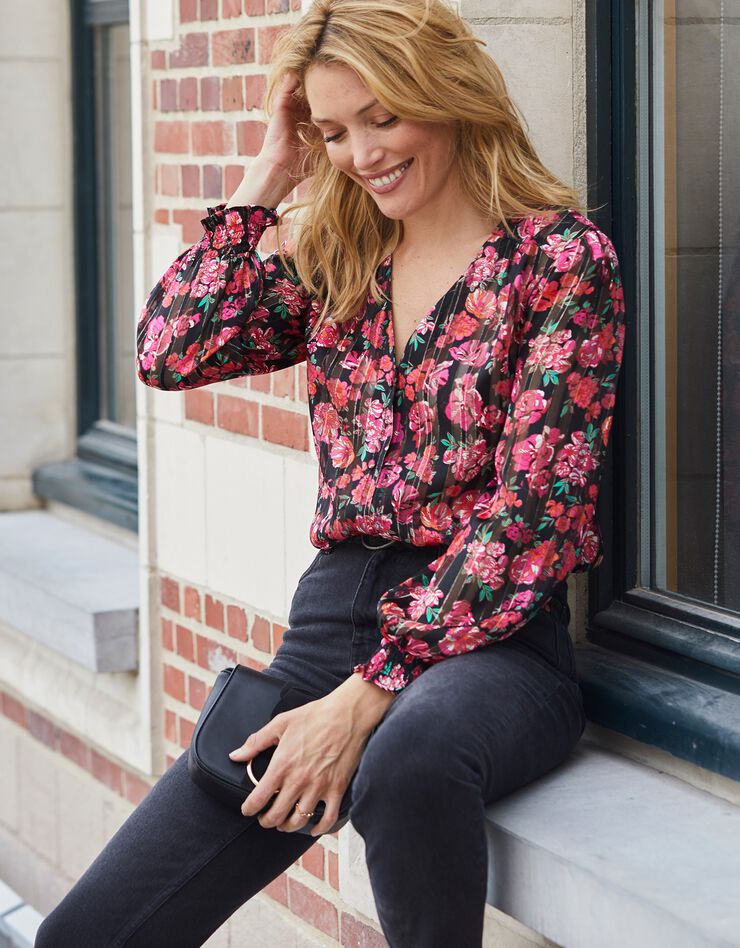 Blouse boutonnée imprimé fleuri, voile jacquard (noir / fuchsia) Blouse boutonnée imprimé fleuri, voile jacquard (noir / fuchsia)