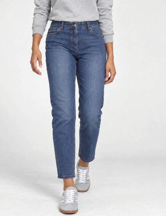Jean stretch coupe mom confort, taille &eacute;lastiqu&eacute;e (stone)