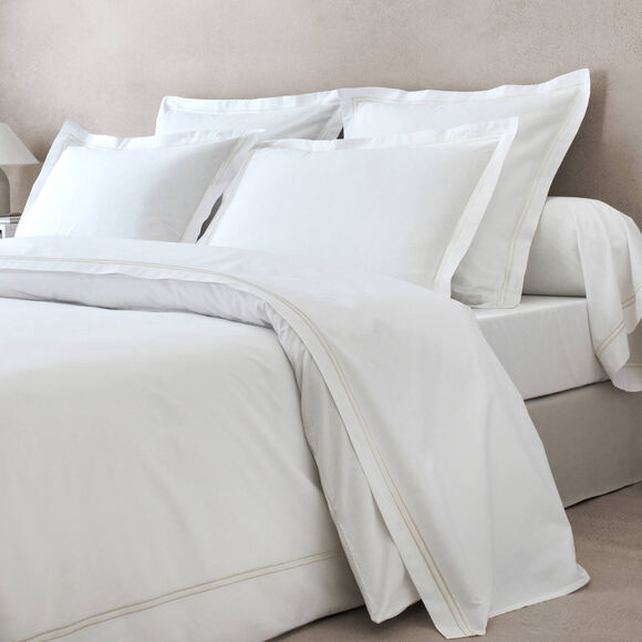 Linge de lit uni double bourdon - percale de coton 80 fils/cm&sup2; (blanc / sable)