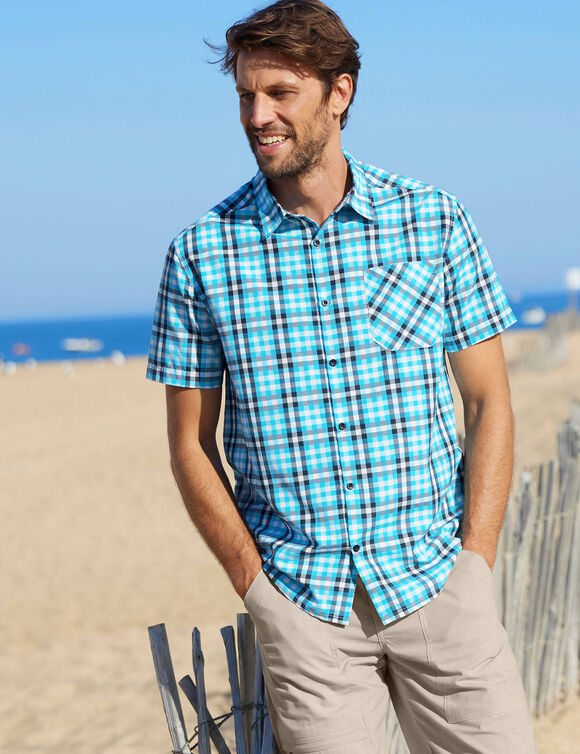  Chemise à carreaux manches courtes polycoton (bleu)