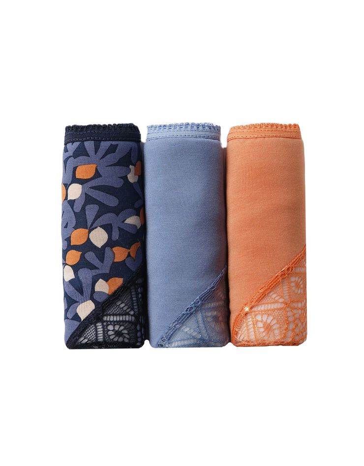 Culotte forme tanga en coton imprimé et dentelle - lot de 3 (marine + bleu + orange) Culotte forme tanga en coton imprimé et dentelle - lot de 3 (marine + bleu + orange)