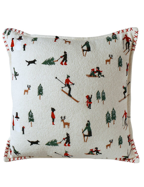 Coussin coton bouclette, broderies skieurs (&eacute;cru / rouge / vert)