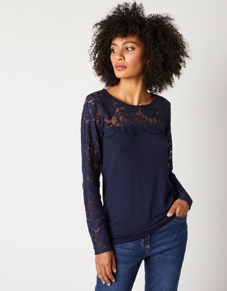 Tee-shirt col rond manches longues, dentelle jersey (marine) Tee-shirt col rond manches longues, dentelle jersey (marine)