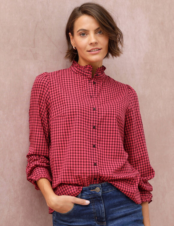 Chemise col officier volant&eacute;, manches longues, carreaux vichy (bordeaux / rose)