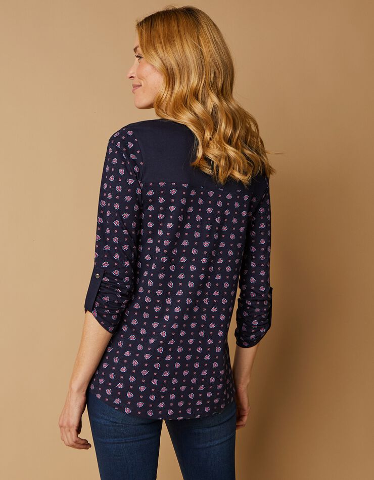 Tee-shirt col tunisien imprimé cachemire (marine / cerise) Tee-shirt col tunisien imprimé cachemire (marine / cerise)