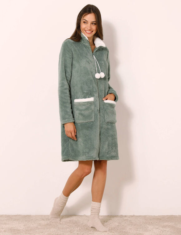 Robe de chambre maille polaire zippée (kaki / écru)