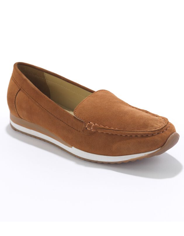 Mocassins en croûte de cuir à semelle crantée bicolore (caramel)