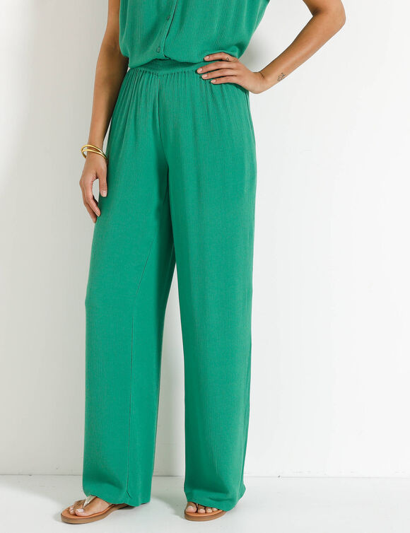 Pantalon large taille &eacute;lastiqu&eacute;e uni, cr&eacute;pon fluide (vert)