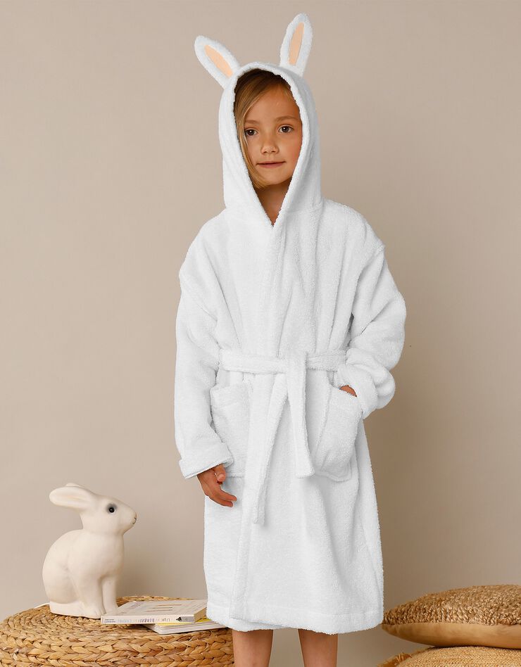 Peignoir de bain enfant lapin à capuche éponge coton - 380 g/m² (blanc)