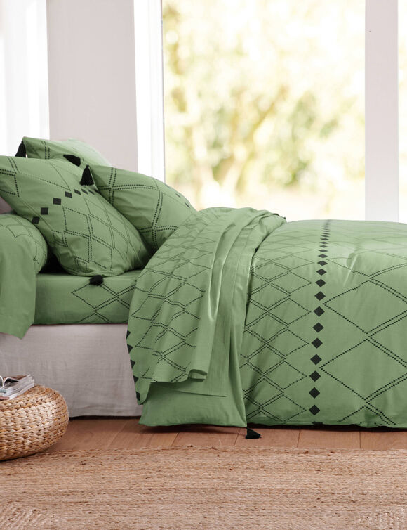 Linge de lit Massaï coton à motifs graphiques et finitions pompons (vert olive)