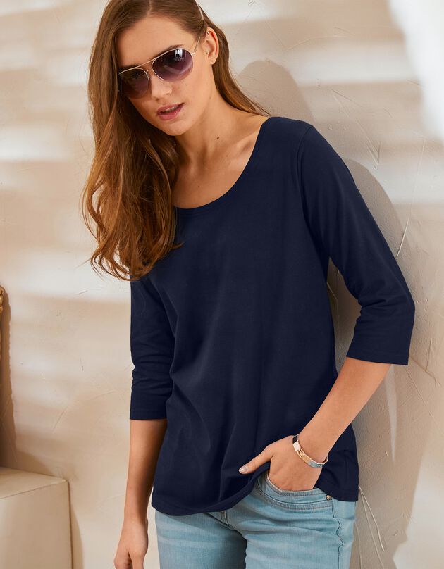 Tee-shirt manches 3/4 col rond uni coton (marine)