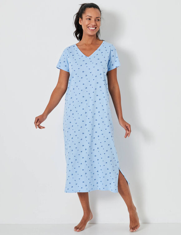 Chemise de nuit longue imprim&eacute;e fleurs (bleu glacier)