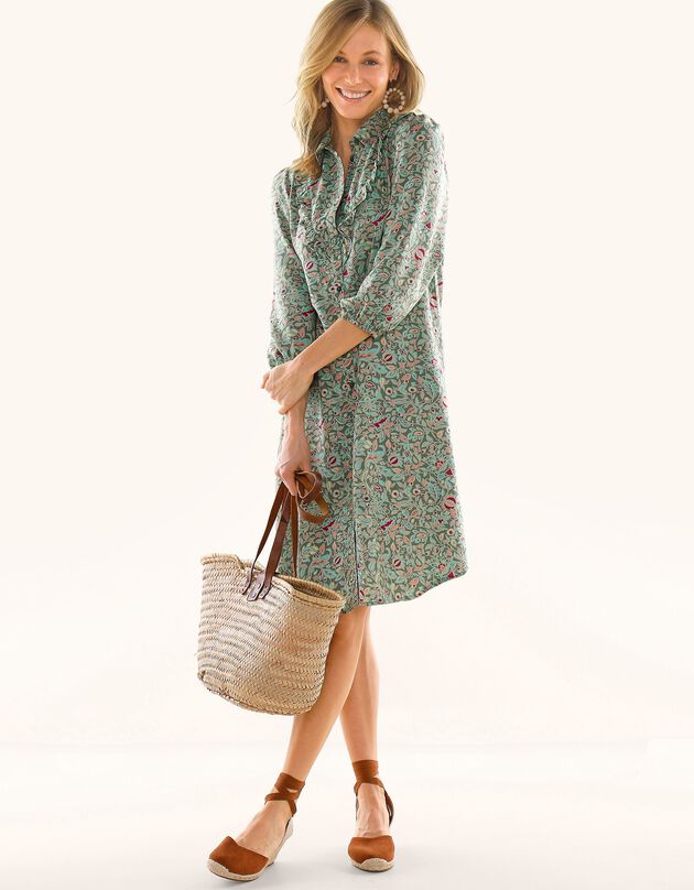 Robe chemisier boutonnée volantée imprimée, toile (kaki)