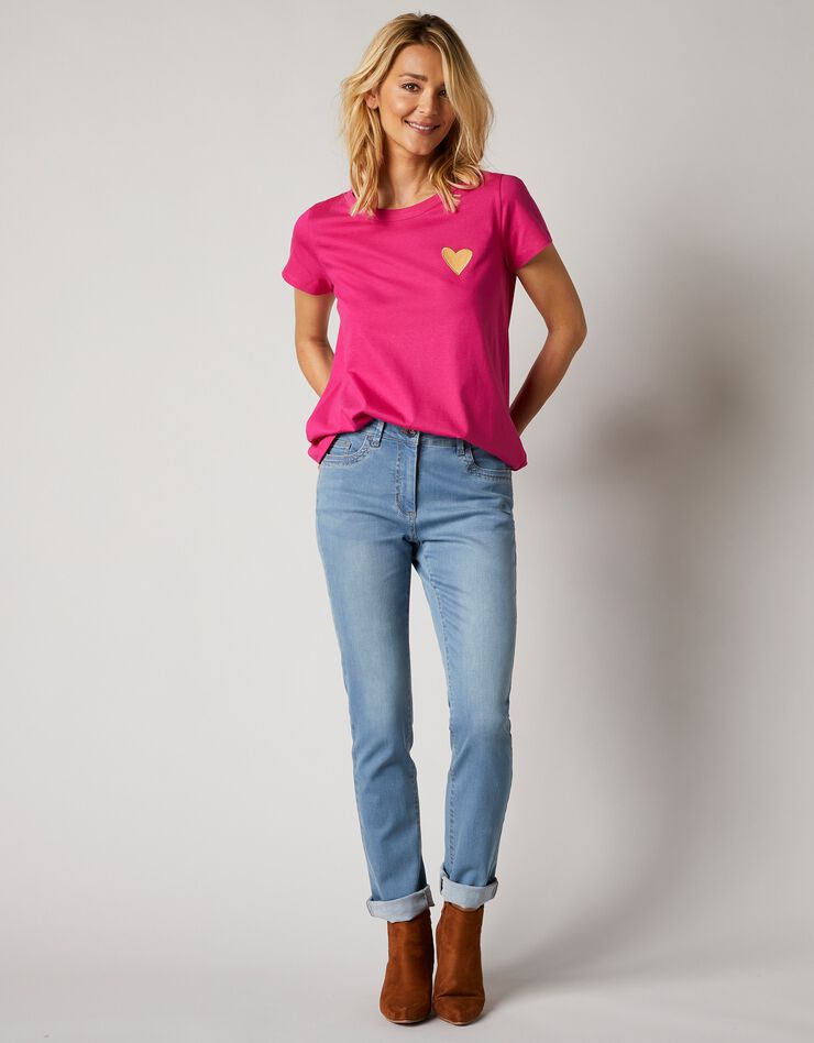 Tee-shirt uni broderie coeur manches courtes (rose)