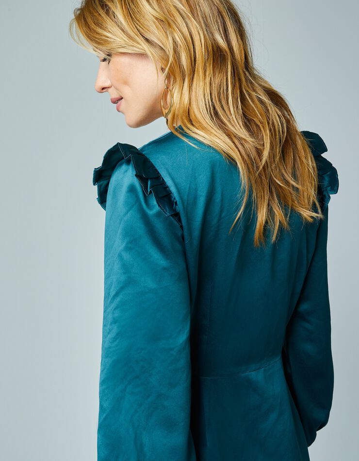 Robe portefeuille satin unie à manches longues (vert foncé) Robe portefeuille satin unie à manches longues (vert foncé)