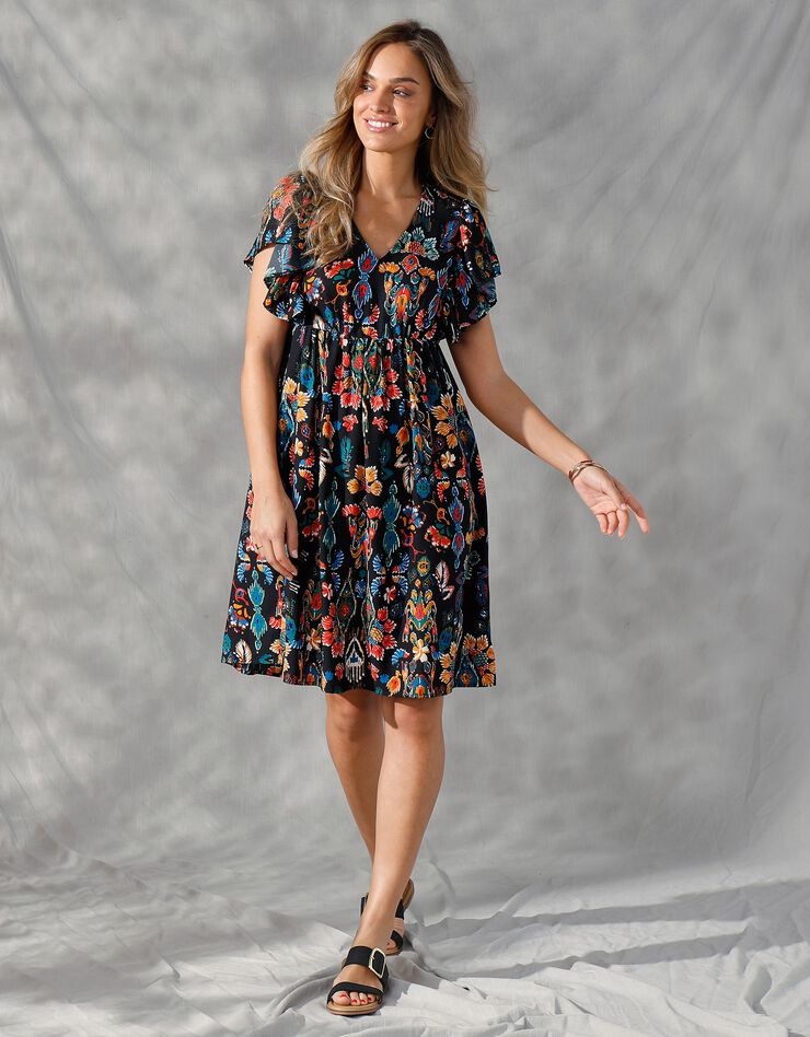 Robe courte manches "papillon", imprimé multicolore (noir / safran)