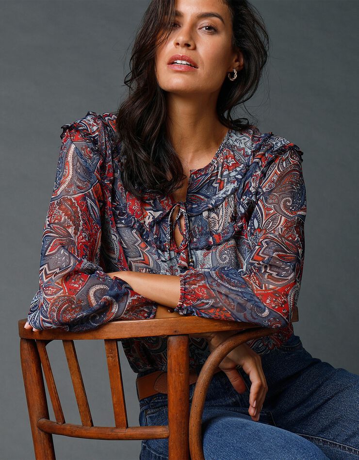 Blouse en voile imprimé (indigo / rouge) Blouse en voile imprimé (indigo / rouge)