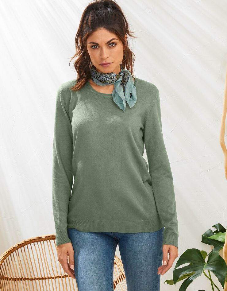 Pull col rond uni toucher cachemire (kaki) Pull col rond uni toucher cachemire (kaki)