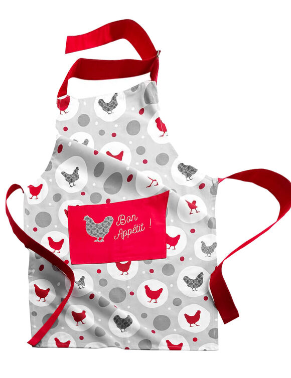 Tablier bavette imprimé poulettes, brodé "Bon appétit !" (gris / rouge)