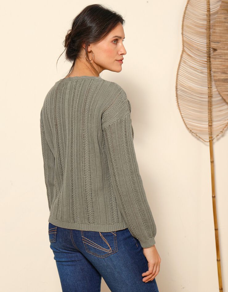 Pull col festonné, maille ajourée fantaisie (kaki) Pull col festonné, maille ajourée fantaisie (kaki)