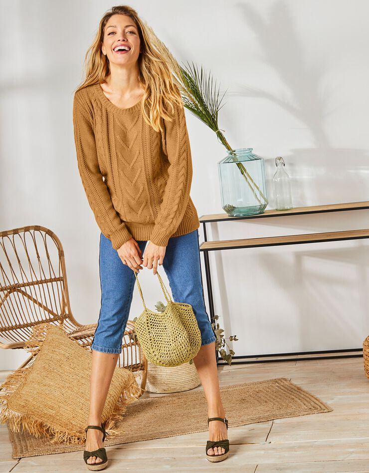 Pull femme col rond torsadé toucher cachemire, manches longues (curry) Pull femme col rond torsadé toucher cachemire, manches longues (curry)