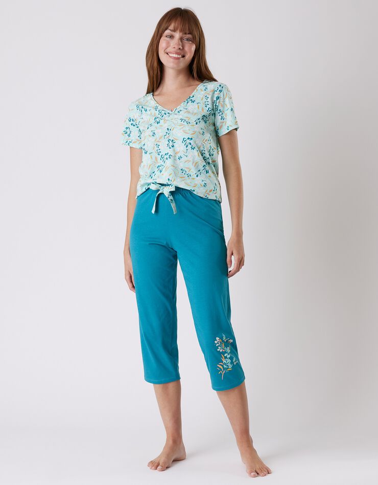 Pantalon court pyjama imprimé placé "jardin secret" (émeraude) Pantalon court pyjama imprimé placé "jardin secret" (émeraude)