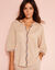 Blouse brodée en coton unie, manches 3/4 (beige)