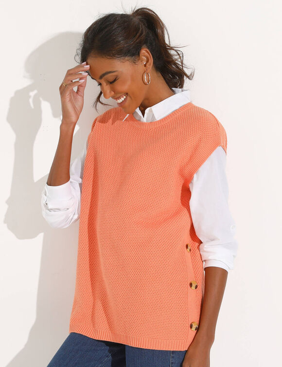 Pull-tunique sans manches à boutons effet corne, maille fantaisie (abricot)