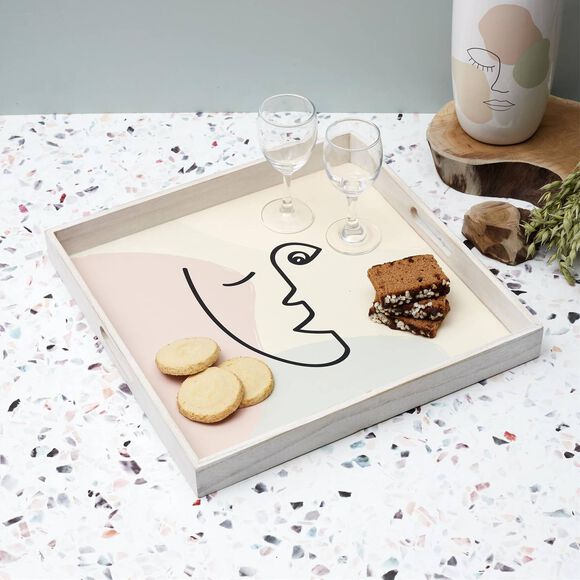 Plateau carr&eacute; en bois, motif visage (multicolore)
