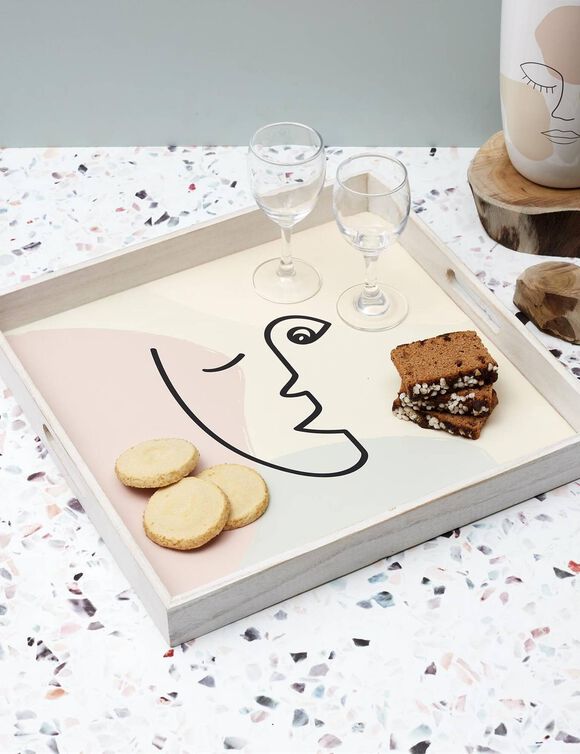 Plateau carr&eacute; en bois, motif visage (multicolore)