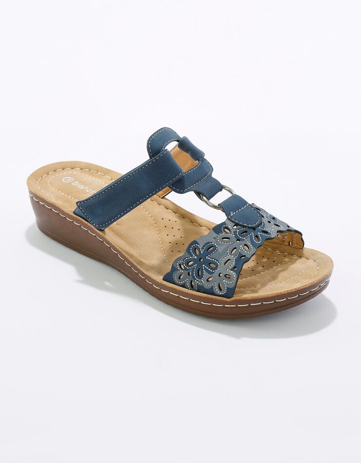 Mules confort compensées effet bois à bride scratchée (bleu) Mules confort compensées effet bois à bride scratchée (bleu)