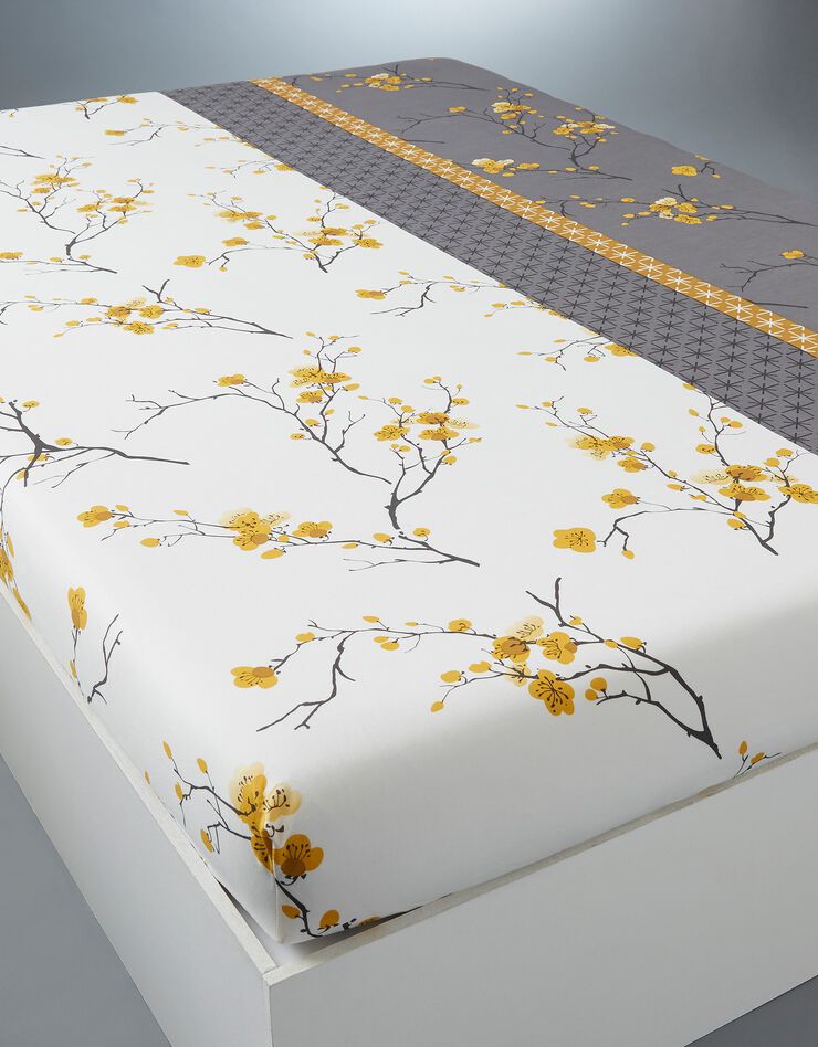 Linge de lit Kimori en polycoton imprimé fleurs de cerisier (gris)