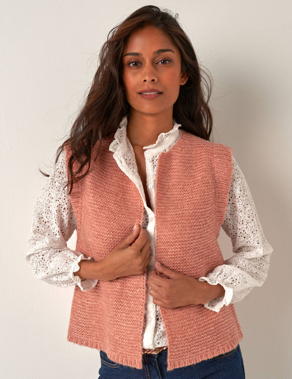 Gilet col rond sans manches, point mousse (rose chiné)