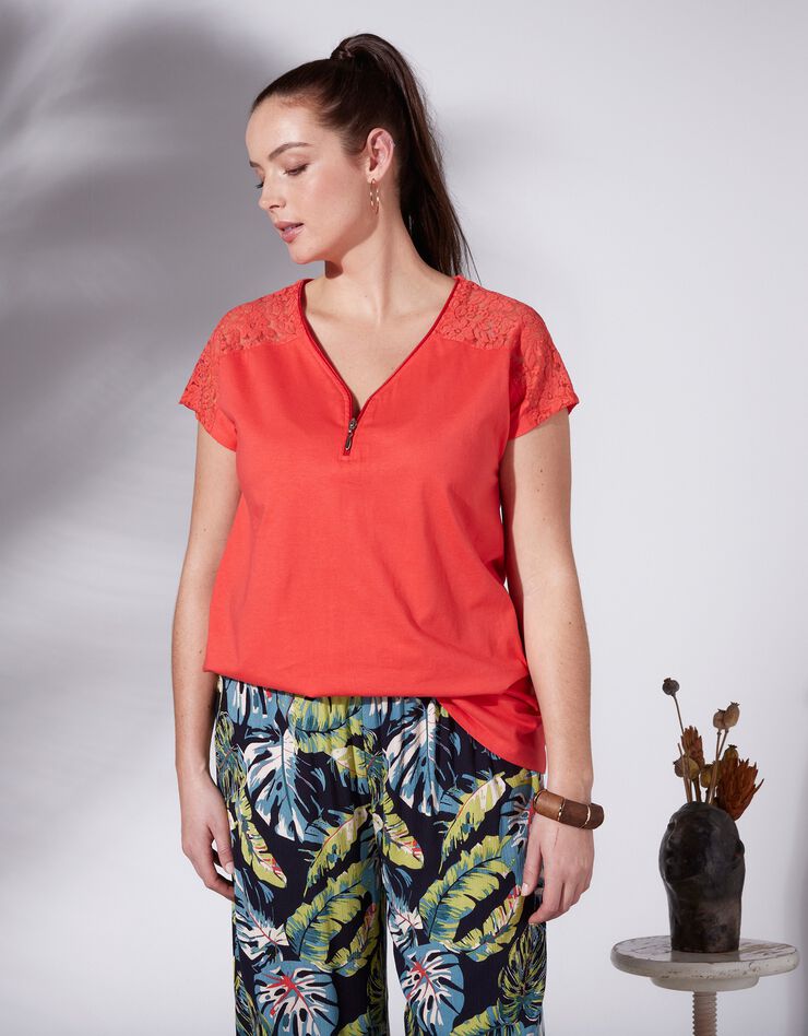 Tee-shirt zippé manches courtes dentelle - marine (corail)
