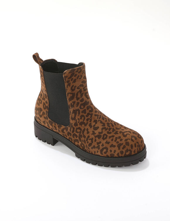 Boots &eacute;lastiqu&eacute;es cuir motif l&eacute;opard, semelle crant&eacute;e (marron / noir)
