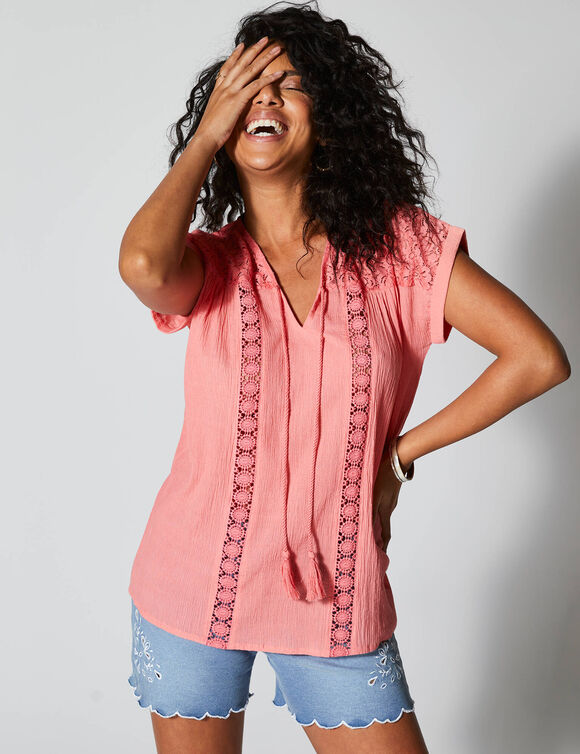Blouse macramé, crépon coton (corail)