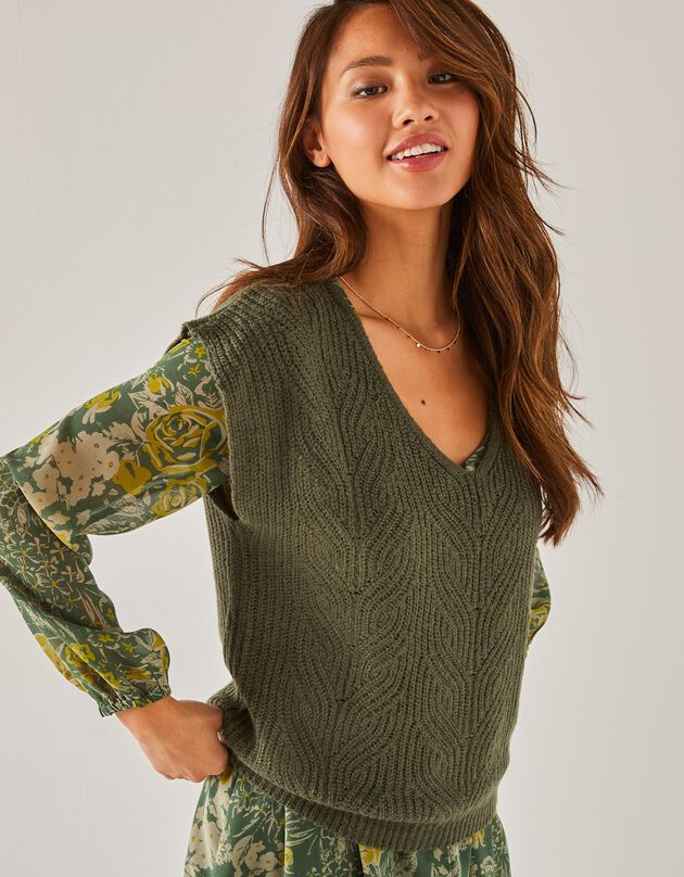 Pull sans manches col V, maille perlée, spécial petites (kaki)