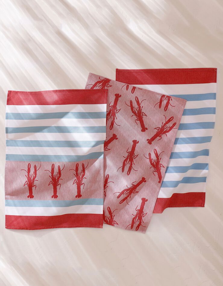 Torchon motif crustacés - lot de 3 (bleu / corail) Torchon motif crustacés - lot de 3 (bleu / corail)