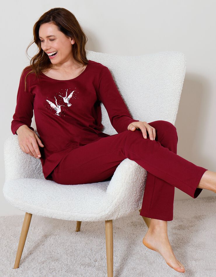 Pyjama manches longues coton imprimé « oiseaux » (cerise)
