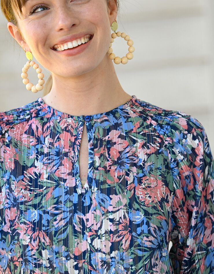 Blouse col rond smocks épaules, voile jacquard (indigo / rose) Blouse col rond smocks épaules, voile jacquard (indigo / rose)