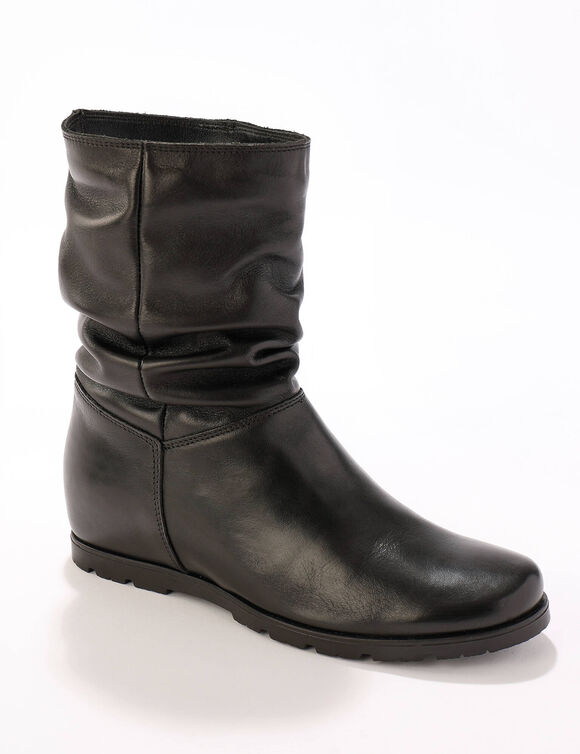 Bottes pliss&eacute;es mi-hautes en cuir avec semelle compens&eacute;e invisible - noir (noir)
