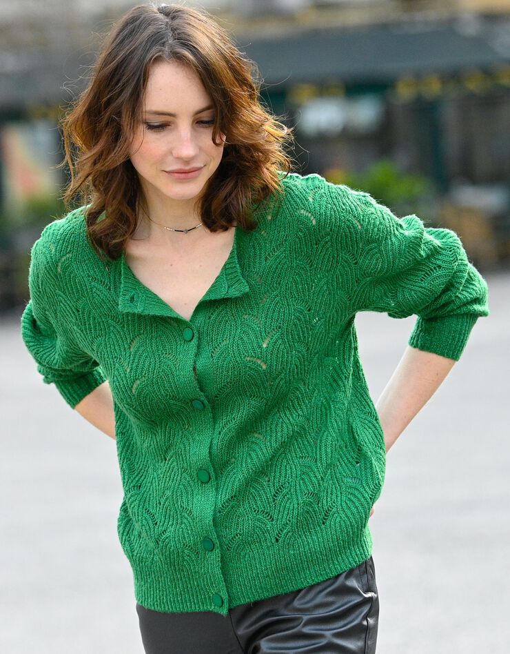 Gilet boutonné maille perlée ajourée (vert) Gilet boutonné maille perlée ajourée (vert)